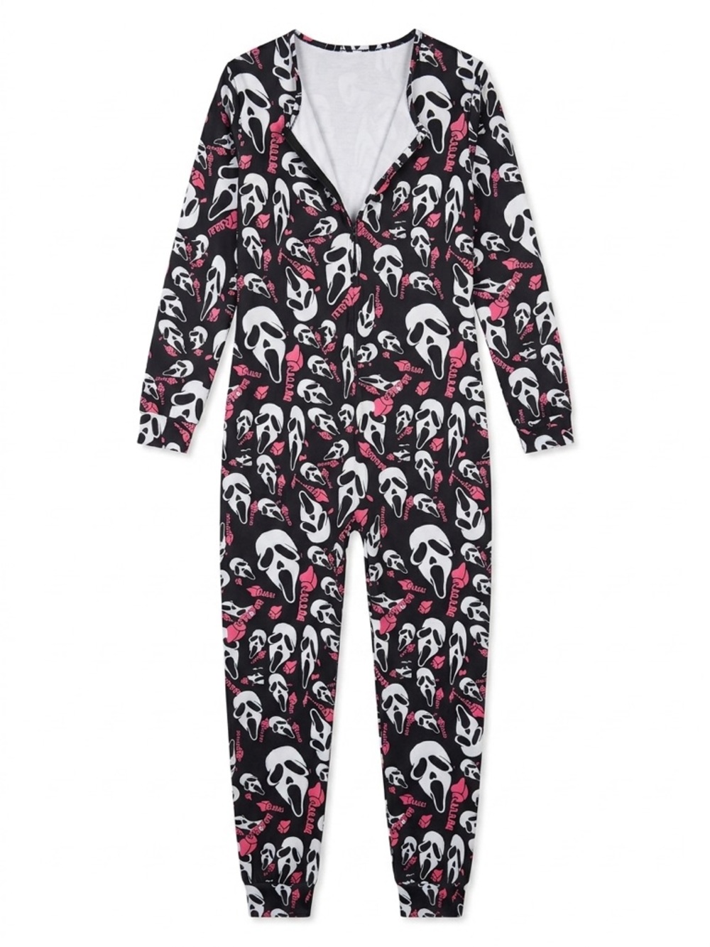 Women’s Black & Pink Halloween Mask One-Piece Pajama Romper ghost face